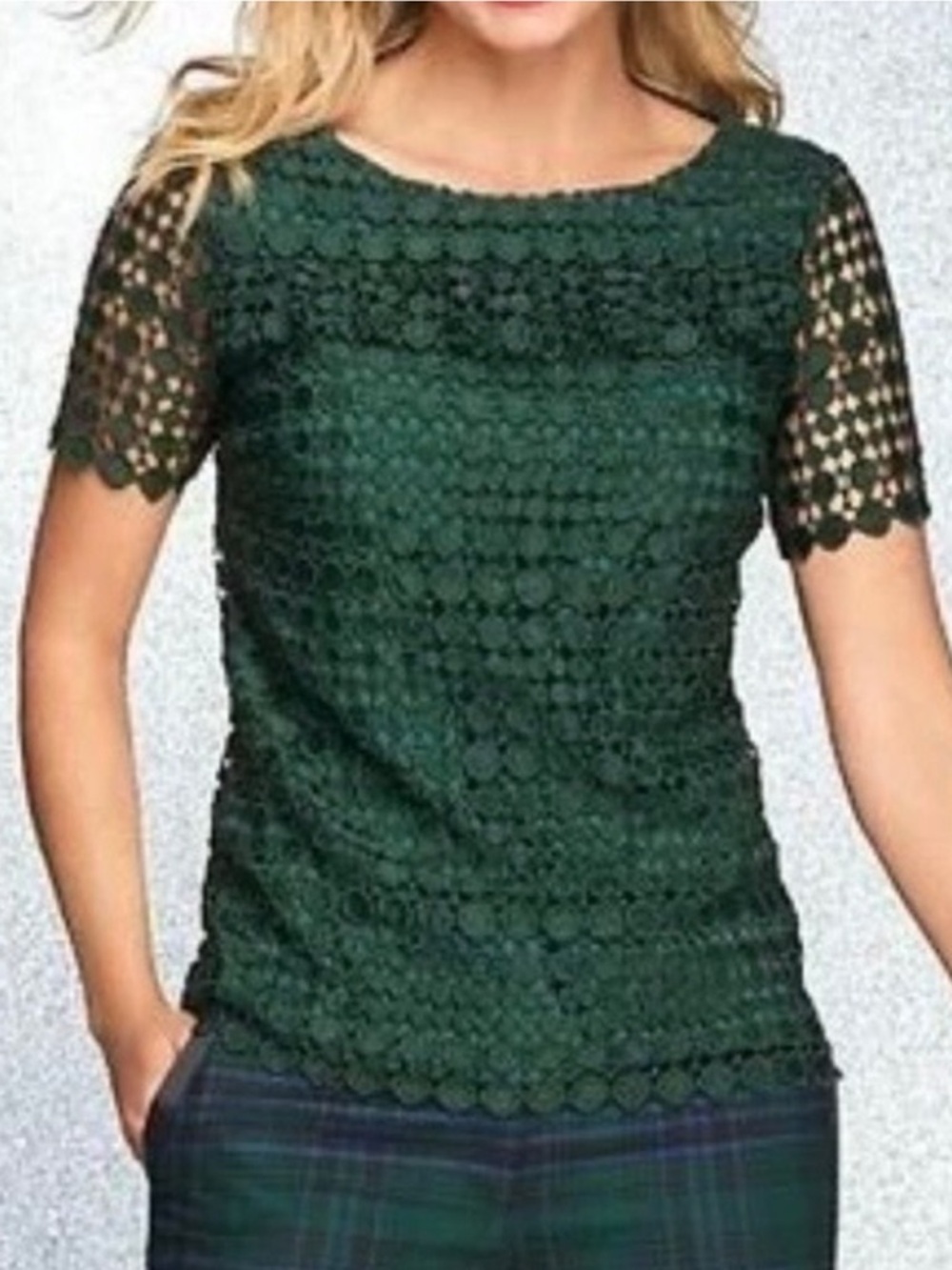 Talbots Deep Green Crochet Lace Overlay Ribbon Tie Blouse Top, Women's Large